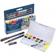 Набір акварельних фарб Derwent Line and Wash Paint Pan 12кол + пензель з резервуаром + 2 лайнери (23