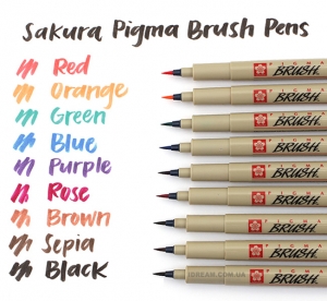Кисть лайнер, кисточки, Sakura PIGMA Brush, кисти линеры цветные, 9 цветов
